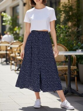 & Other Stories Navy Ditsy Micro Floral Front Button Midi Skirt Sz 4